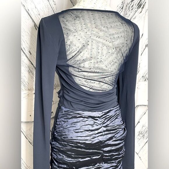 NICOLE MILLER Long Sleeve Dress w/Ruched Metallic Skirt Sheer Back Navy Sz. 8 - Picture 4 of 6